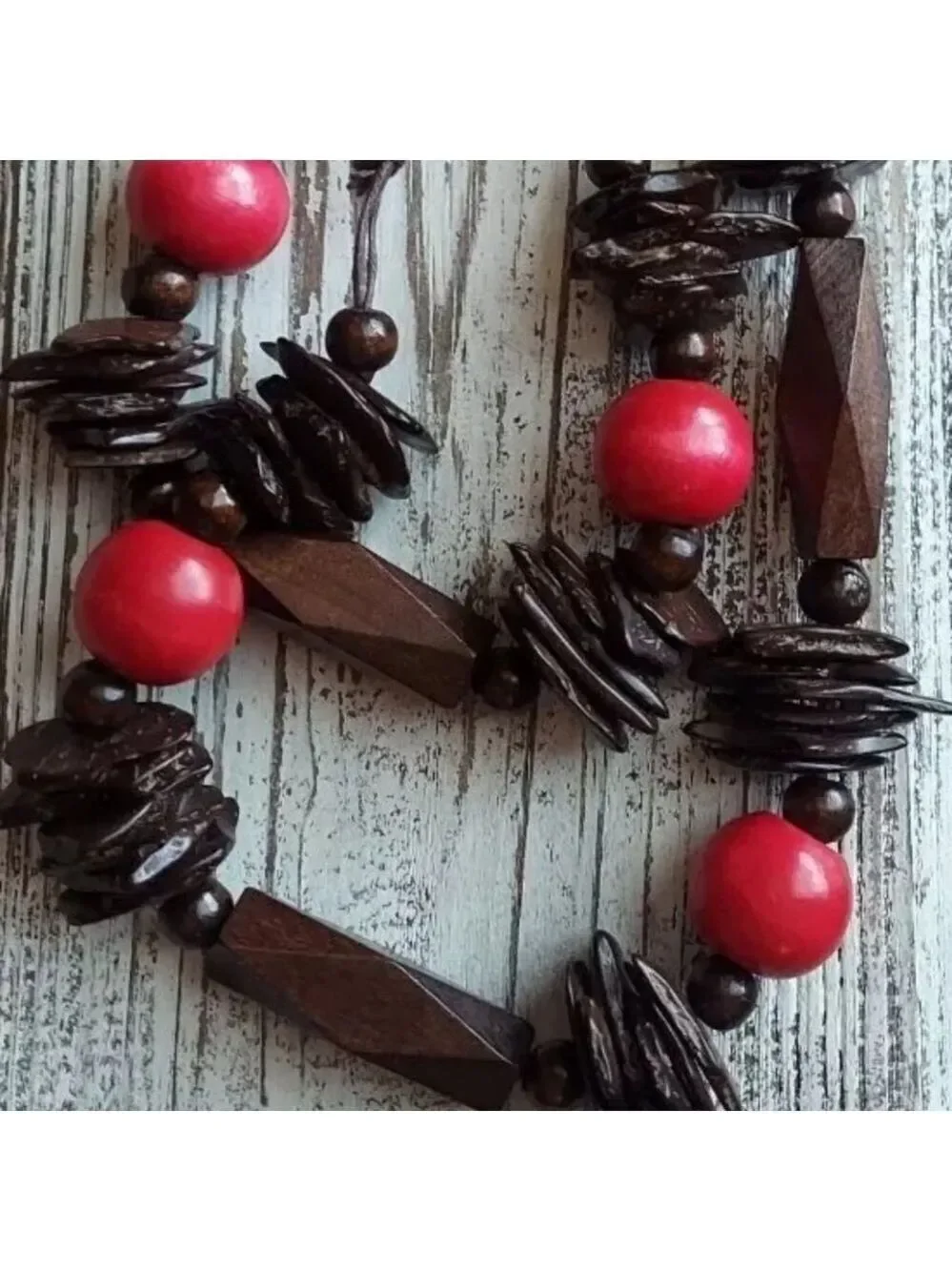 Wooden Elegant Brown and Red Beaded Geometric Necklace 36
